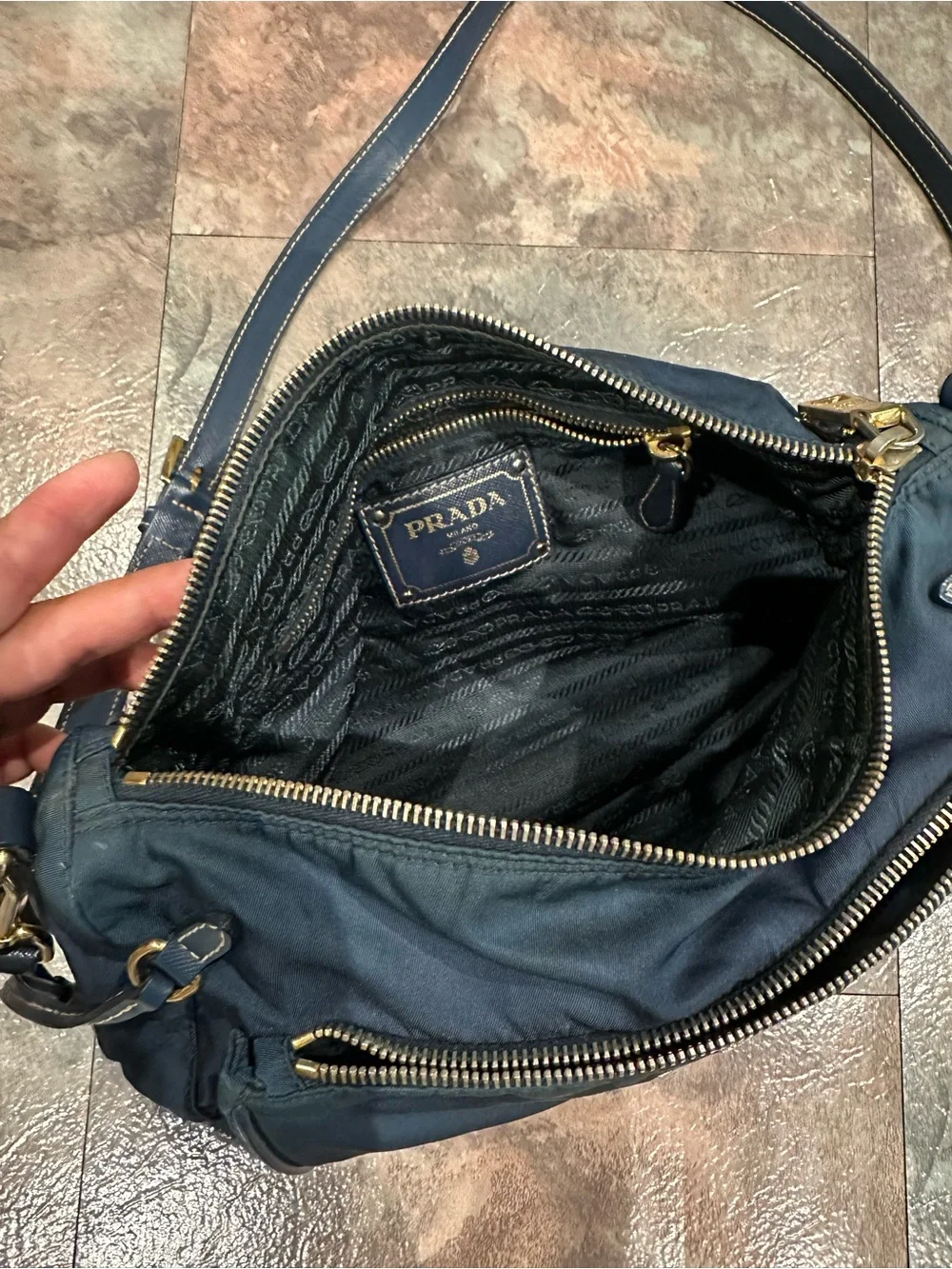 Prada Navy Blue Nylon Hobo with Gold Hardware